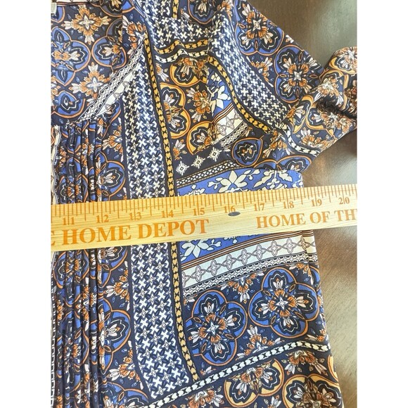 Daniel Rainn Top Women Small Blue Orange Floral Popover Pleated Patchwork Retro - Picture 5 of 9